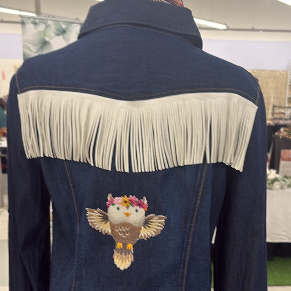 Women's Denim Jacket with Fringe and Owl Embroidery